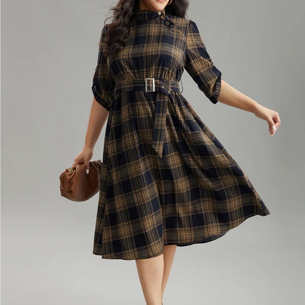 BloomChic Black and Brown Plaid Midi Dress